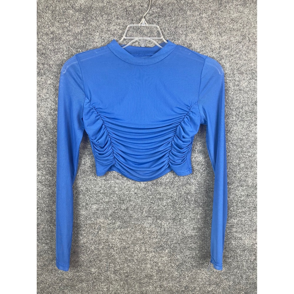Ruched‎ Mesh Top Women Small Blue Great Mock Neck Long Sleeve